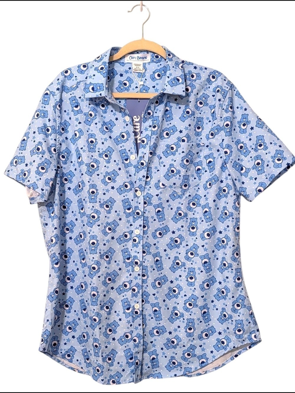 Care Bears Light Blue Short Sleeve Button Down Shirt